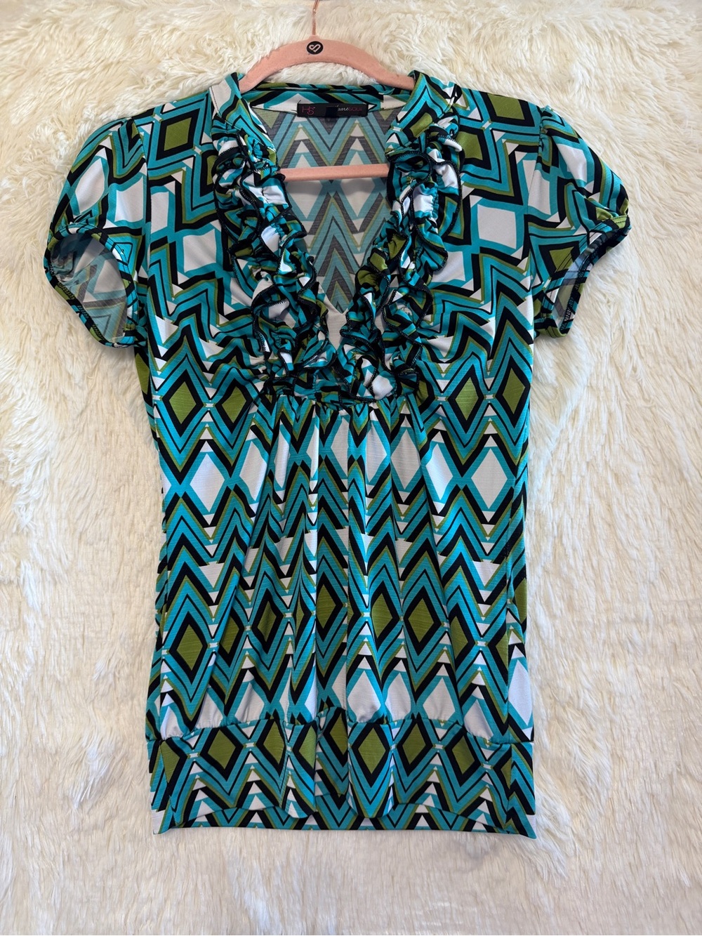 HeartSoul Womens Y2K Babydoll Top S Geometric Ruffled V-Neckline Office Siren